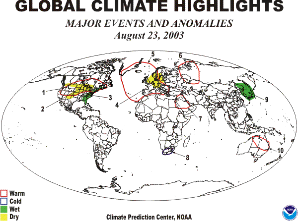 Weekly Global Climate Highlights Map for August 23, 2003